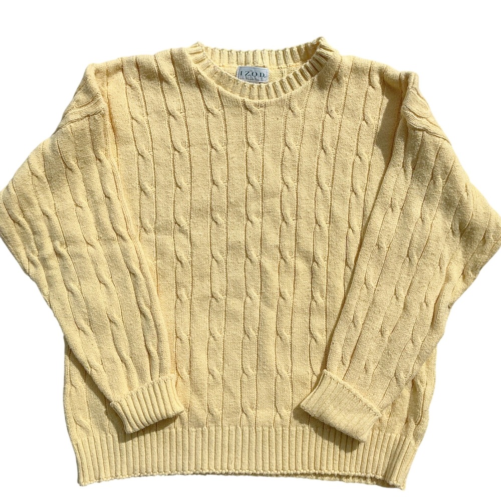 Vintage IZOD Cable Knit Sweater Mens M Butter Yellow Cotton USA Fisherman Preppy